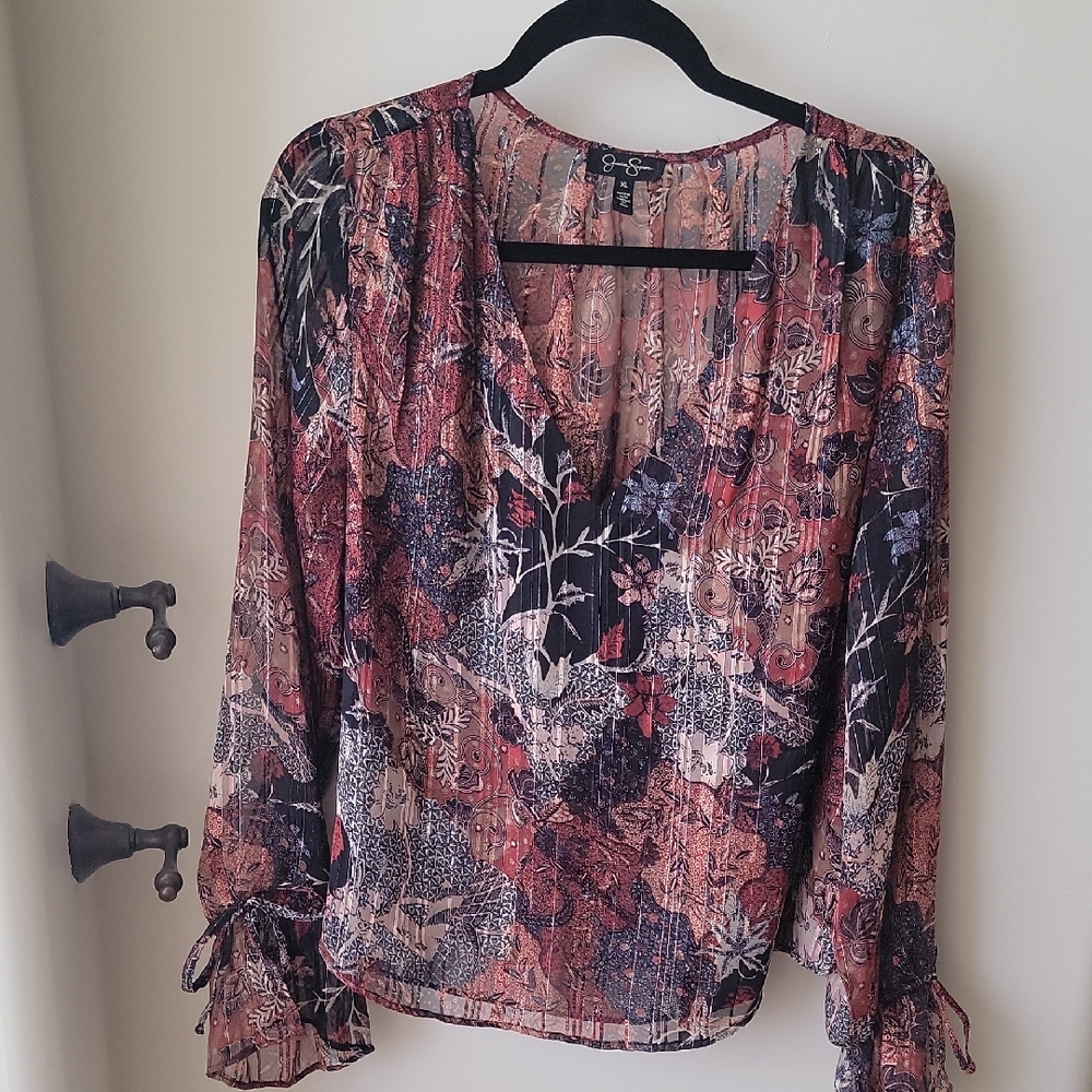 Jessica Simpson Pink and Orange V-Neck Long Sleeve Blouse